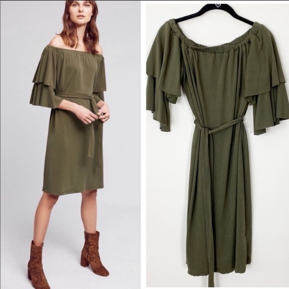 ANTHROPOLOGIE Sunday in Brooklyn Olive Off Shoulder Dress Casual Tie Waist SP - Picture 1 of 8
